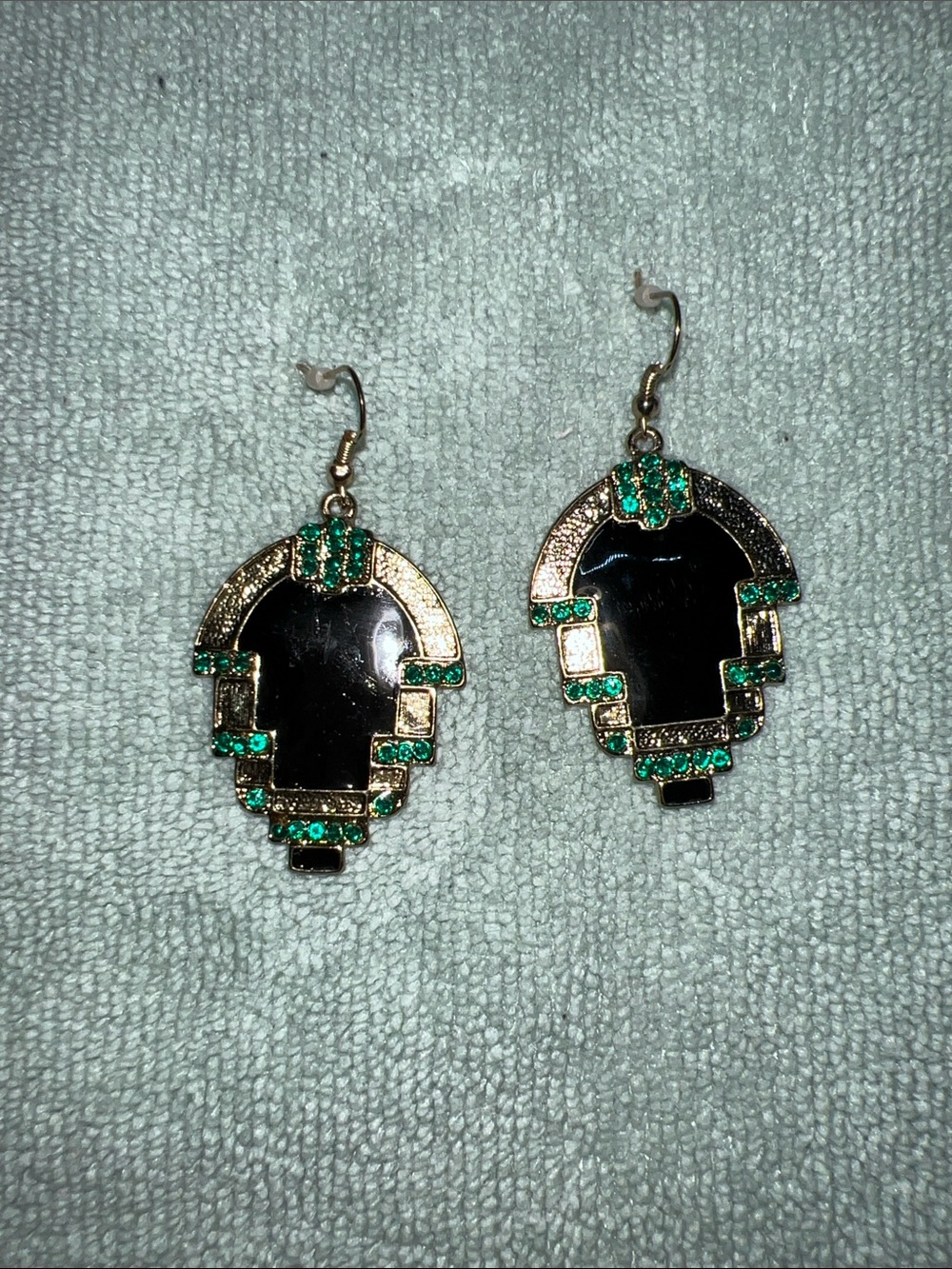 Art Deco Style Gold-Tone Black & Emerald Drop Earrings - Women Jewelry